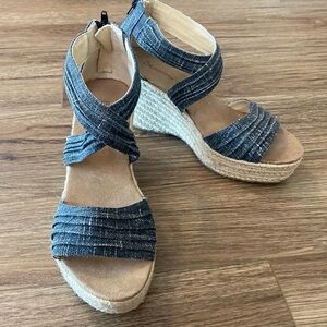 Bear Paw Begonia navy platform Wedge Heel Sandals size 10 strappy linen upper